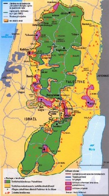 La Cisjordanie en janvier 2006. En vert les territoires laissés aux Palestiniens, en jaune Israel. Les  triangles rouges sont les colonies.